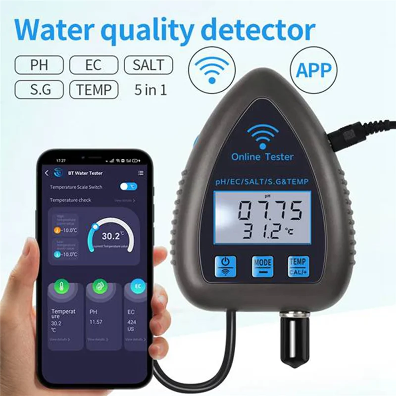 【Venta Flash】Enchufe estadounidense, Wifi Bluetooth 5 en 1 Probador de Calidad del Agua TDS/EC/SALT PH S.G.TEMP Monitor de Agua Digital para Acuarios