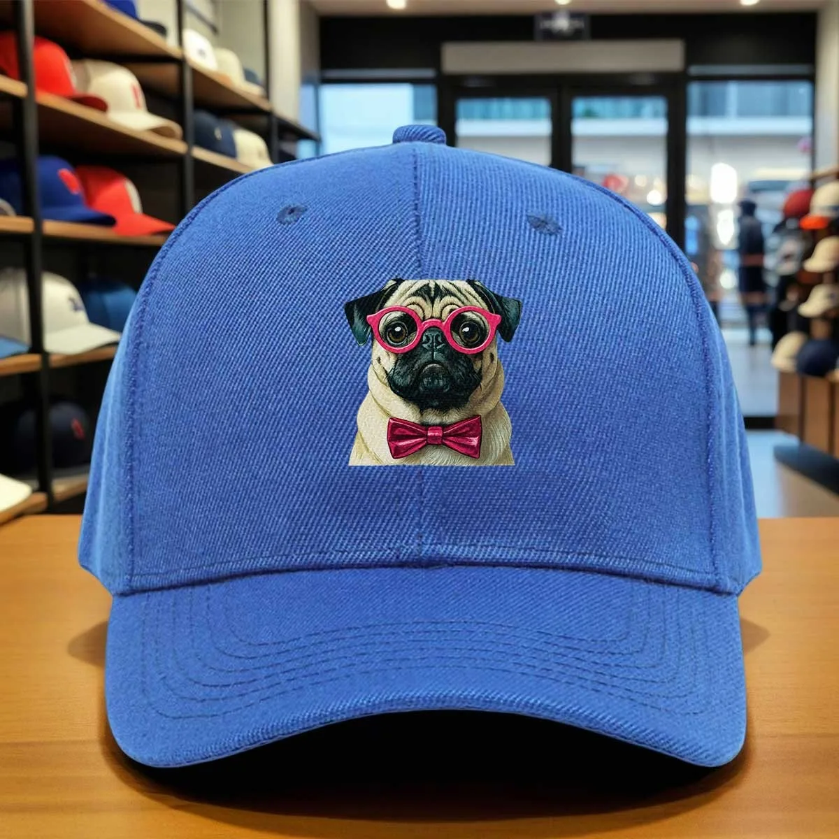 Gorra de Béisbol con Diseño de Perro Pug a la Moda con Gafas Rosas y Corbata de Lazo, Gorra Ajustable con Estampado Elegante para Uso Casual