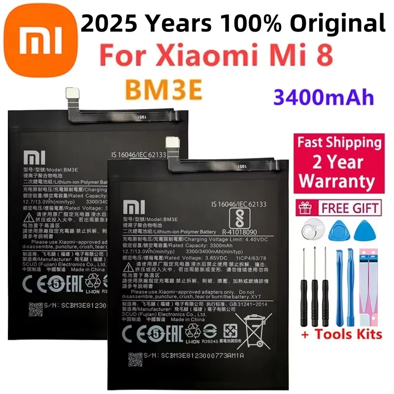 

2025 100% Original Xiao Mi Phone Battery BM3E For Xiaomi Mi 8 Mi8 M8 Real 3400mAh Replacement Batterie Bateria Fast Shipping