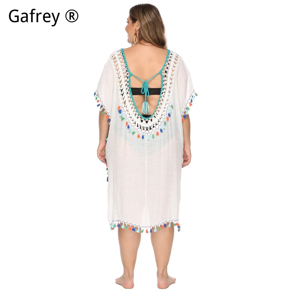 Plus Size 3XL 2XL XL Bohemian Crochet Beach Dress 2026 New Colorful Fringe Patchwork Deep V-Neck Backless Loose Cover Up Women view 6