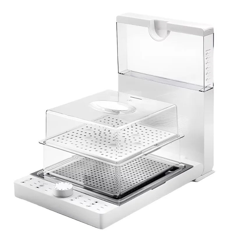 Foldable electric steamer with 12 preset menus, automatically turns off 60-minute timer for vegetables, meat, seafood, eggs
