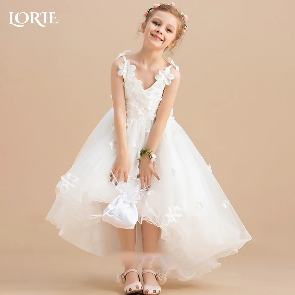 

LORIE Hi-Lo A-Line Midi Sparkling Tulle with Flower Girl Dresses V Neck 3D Flowers Sweet Gril Party Dress Lace Applique Weddins