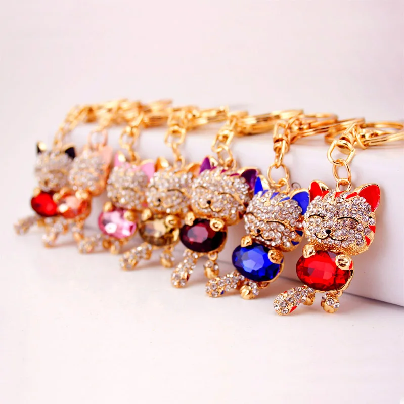 New Men Cute Crystal Gem Lucky Cat High Quality Metal Key Holder Car Fashion Accessories Hot Women Best Party Gift Jewelry K1901