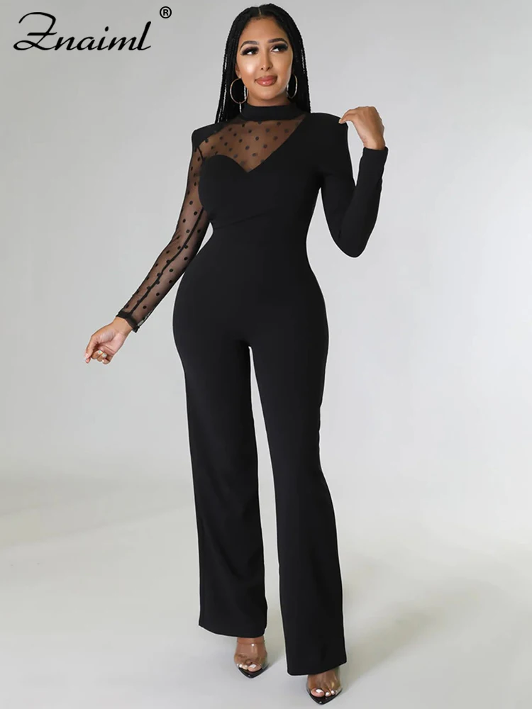 Znaiml Sexy Mesh Patchwork See Through Long Sleeve Straight Black Jumpsuit Women Wide Legs One Piece Rompers Office Lady Outfits