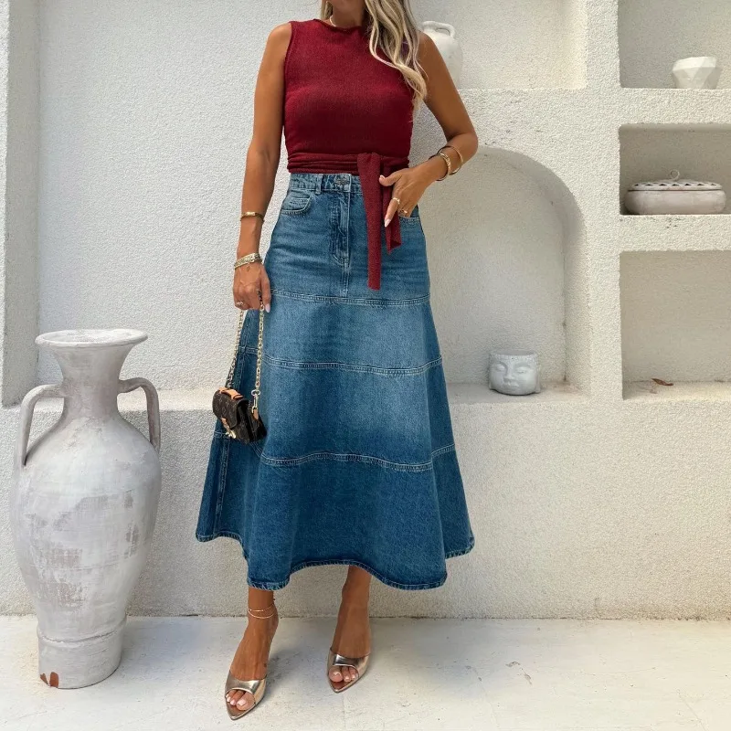 2026 Fashion Denim Skirt Women's Vintage Jean Maxi Skirts Spring Autumn High-waist Streetwear Lady Casual Big-hem A-line Skirts