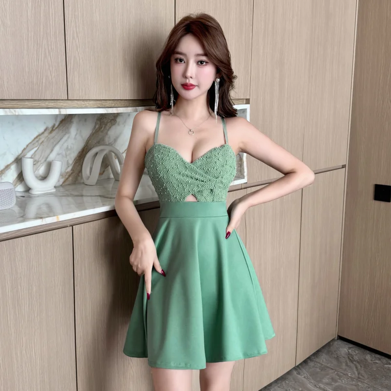 

2025 New Sexy Hollow-out Cinched Large Swing Sling Dress Short