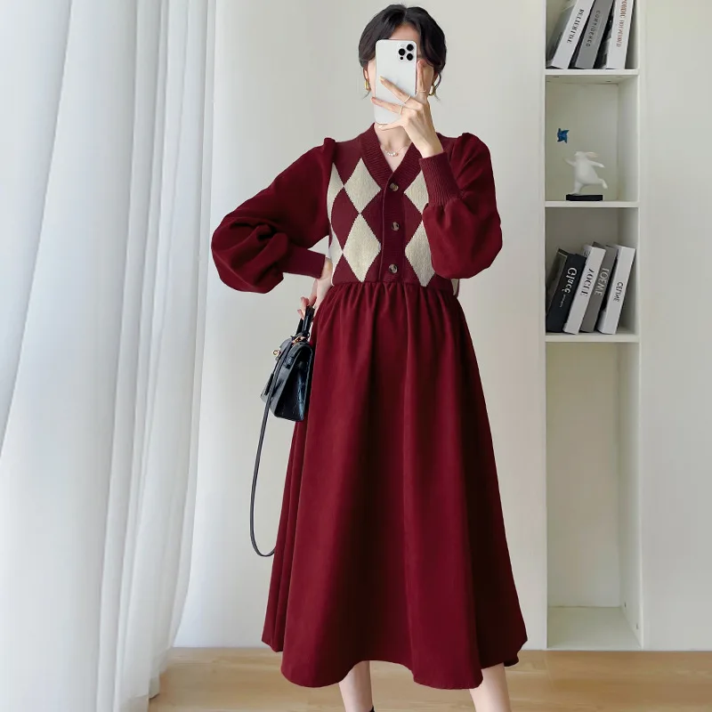 Pregnancy Pregnant Women Clothing Autumn Winter Long Knit Dress 2023 New Button V Neck Patchwork Female Maternity Dress Sweater