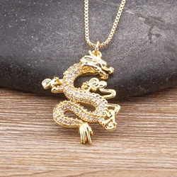 Nidin Mascot Dragon Pendant Jewelry Micro Pave Zircon Necklaces  Women Men Gold Color Long Chain Ornaments Lucky Symbol Gifts
