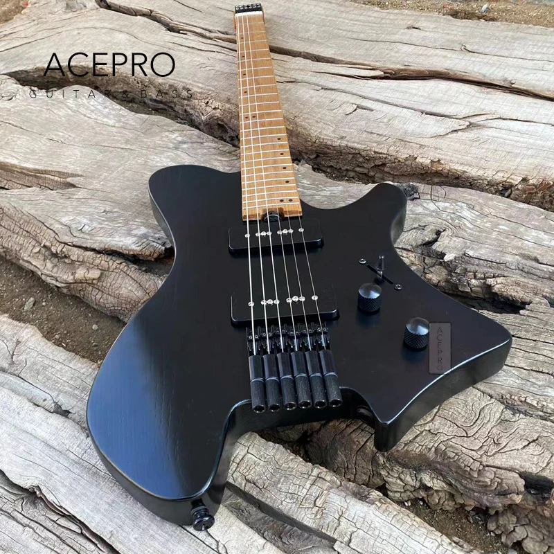 Acepro Headless Electric Guitar, P90 Pickups, Black Ash Body, Roasted Maple Neck, Stainless Steel Frets, Quality Guitarra