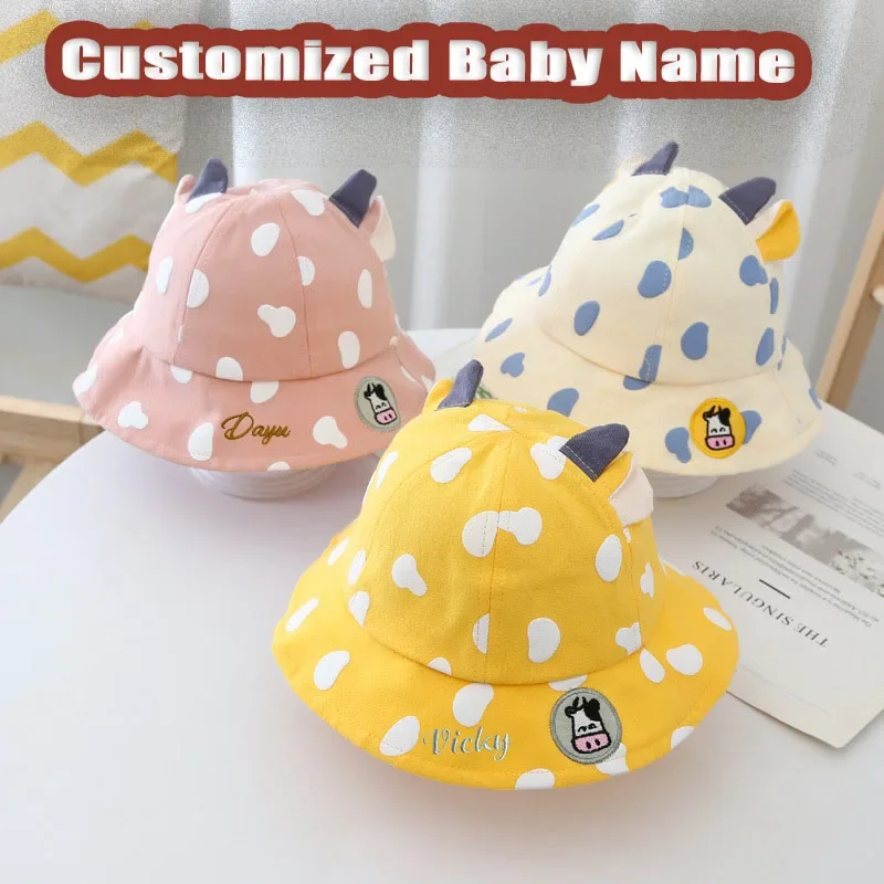 

Kids Bucket Hats Korean Cow Shape Baby Cap Thin Trendy Boy Girl Cute Caps Fisherman Hat For Children 1-3Years Custom Baby Name