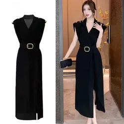 Summer New Notched Blazer Elegant Dresses For Formal Occasions Fashion V-neck Sleeveless Belt Slim Split Black Dresses Women
