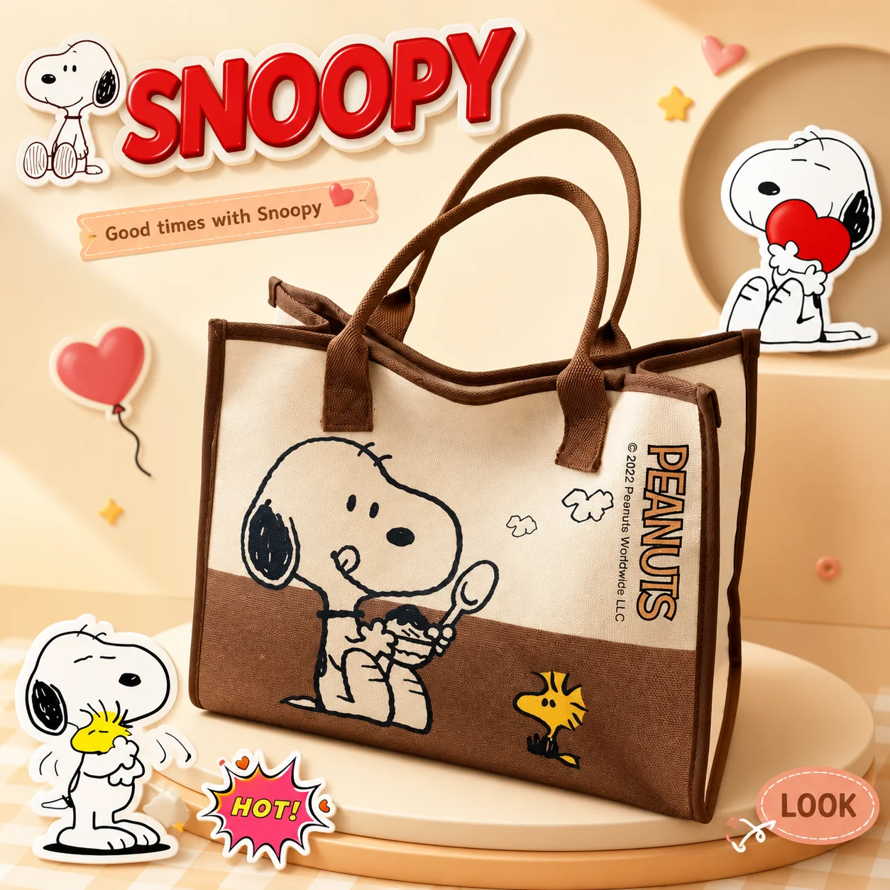 Snoopy Woodstock Cartoon Large Capacity Shoulder Commuter Tote Bag Creative Animation Surrounding Student Handheld Canvas Bag