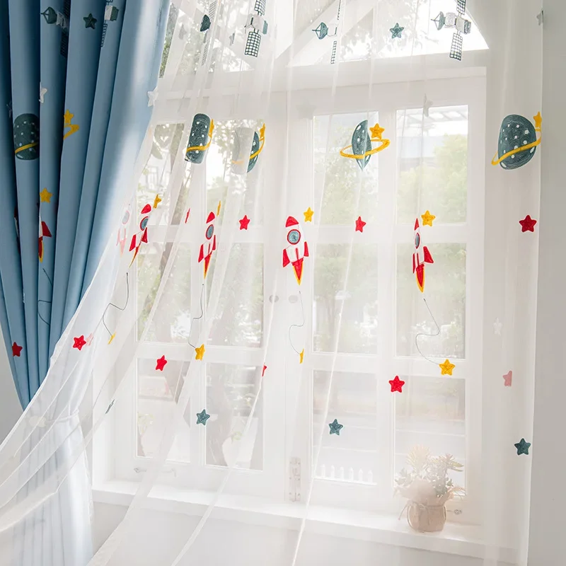 Modern Cartoon Dark Blue Boys Kids Curtain for Bedroom Space Planet Rocket Embroidery Drape Shading 80% Window Treatment #E