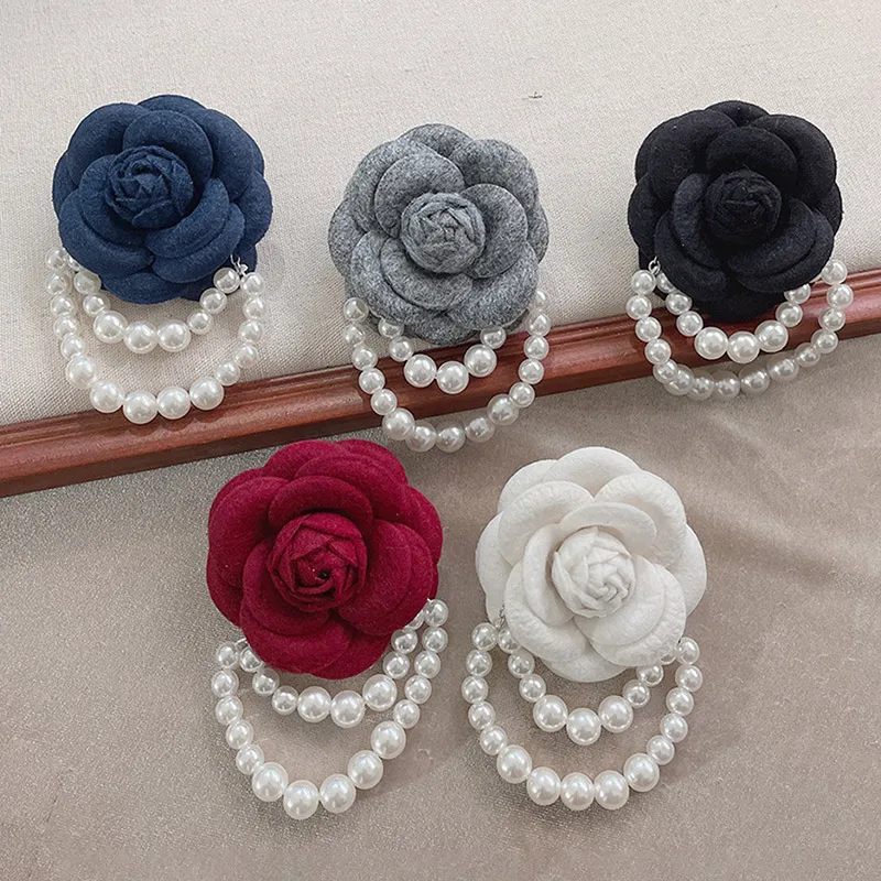 Fashion Fabric Camellia Flower Brooch Pins Pearl Tassel Corsage Fashion Jewelry Brooches For Women Shirt Collar Accessories Gift