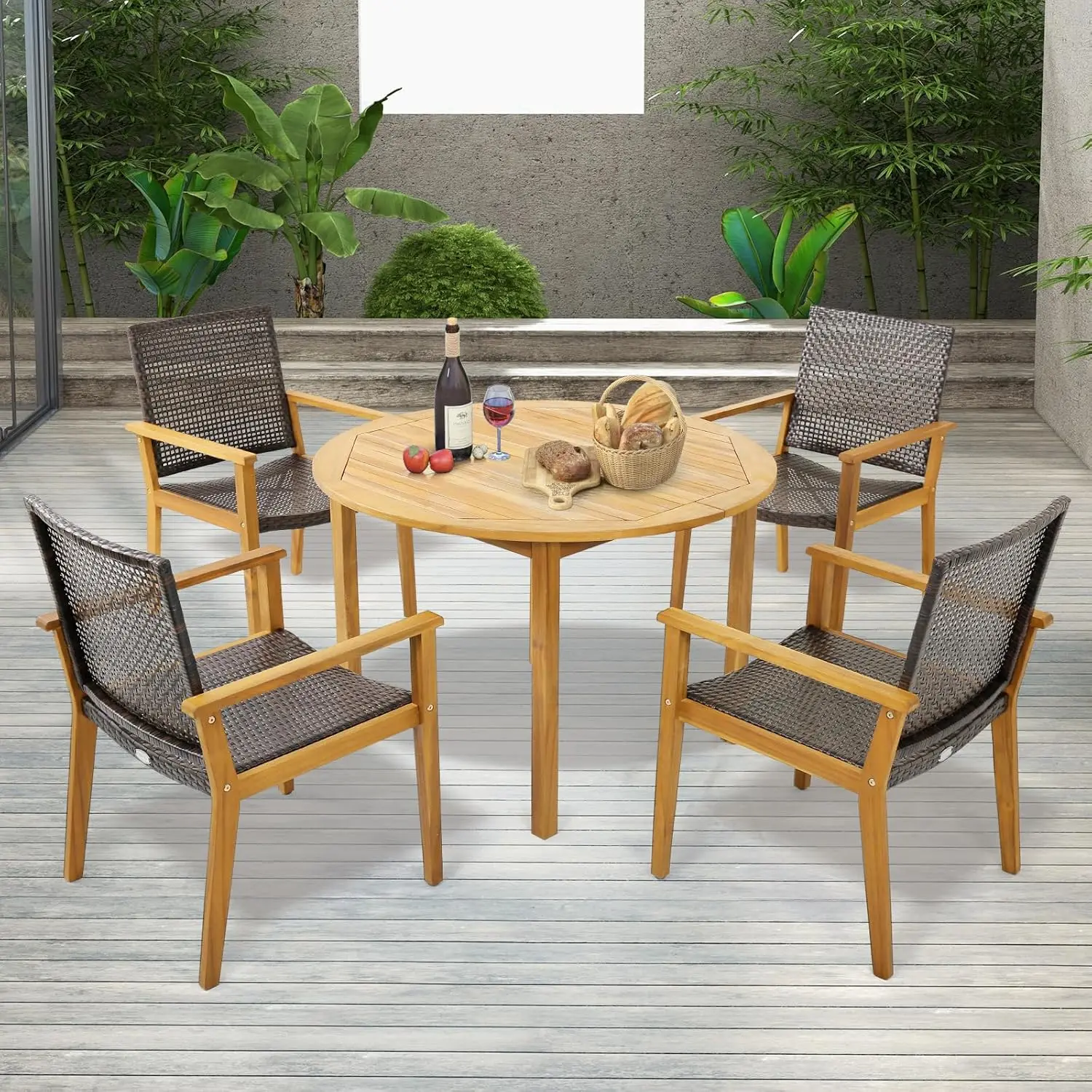 Tangkula 5 Pieces Patio Dining Set, 4 Patio Wicker Armchairs and Round Acacia Wood Dining Table, Outdoor Table and Chairs Set fo