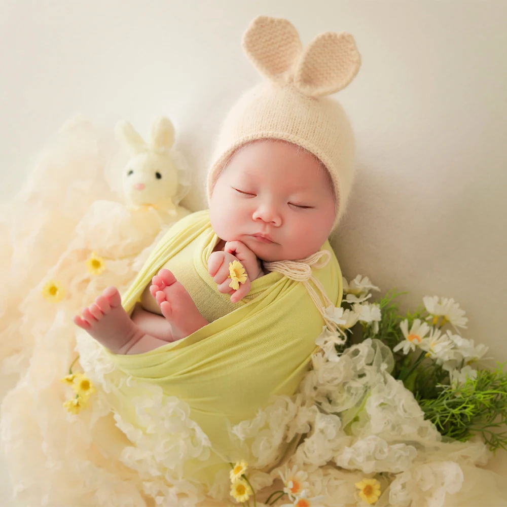 Swaddle Pro Wrap Photography Props Cotton Stretch Wraps Floral Lace Blanket Bunny Ears Knitted Hat Studio Baby Photo Accessories