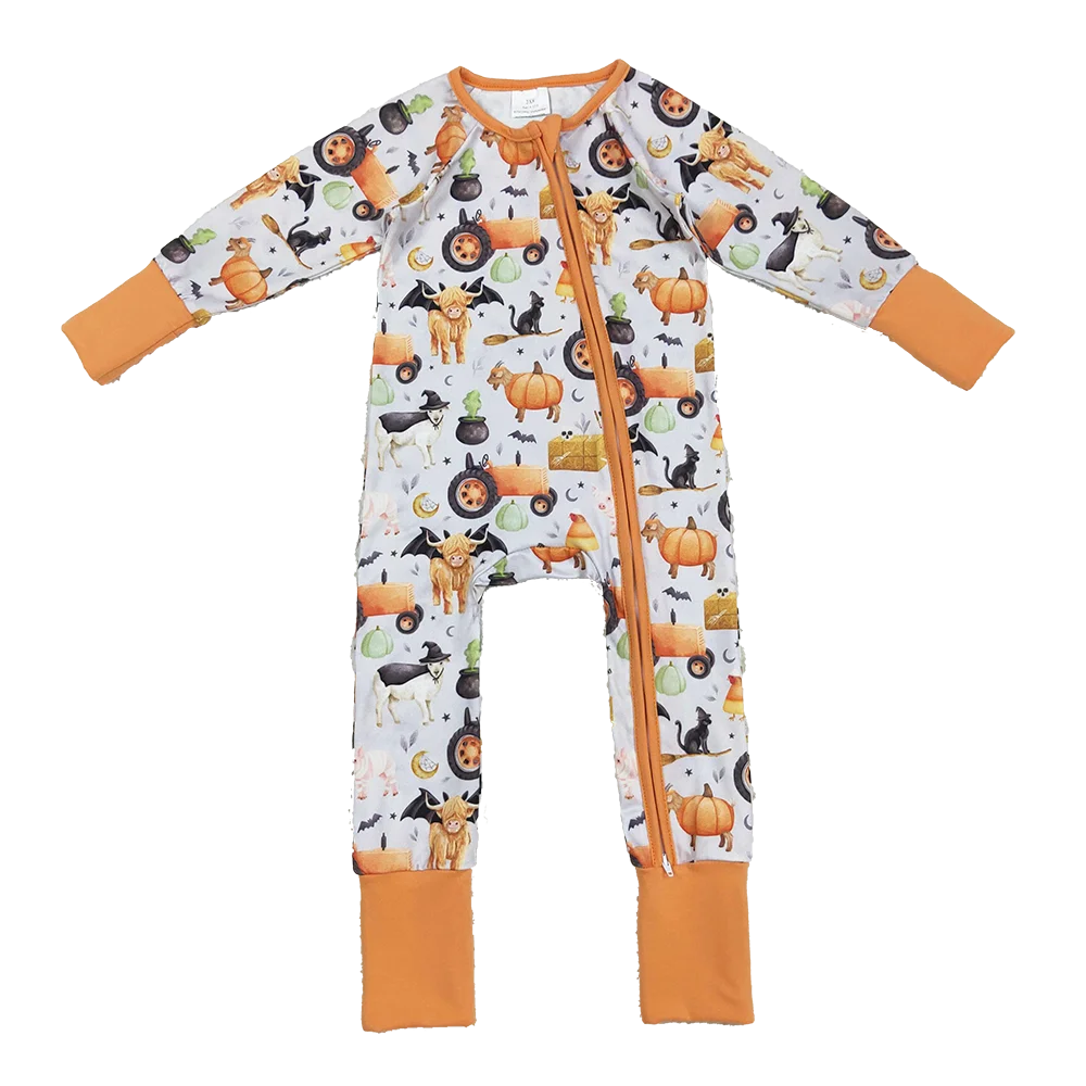 

9.19 Wholesale Autumn hot sale western boutique onesies Baby Girls Farm Bats Pumpkins Halloween Zipper Footie Rompers