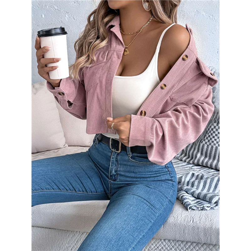 

ABP-Womens Fashion Cropped Shackets Corduroy Button Down Crop Jackets Tops Long Sleeve Shirts Trendy 2025