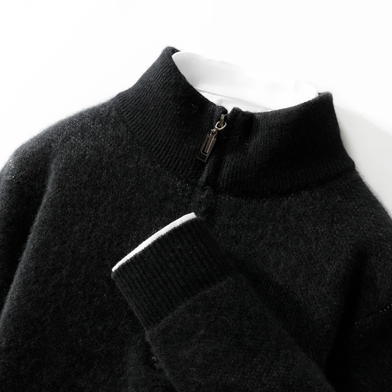Autumn And Winter New Half-High-Neck Zipper Color Matching Pullover Pure Wool Sweater Casual Men's Knitted Cashmere Top