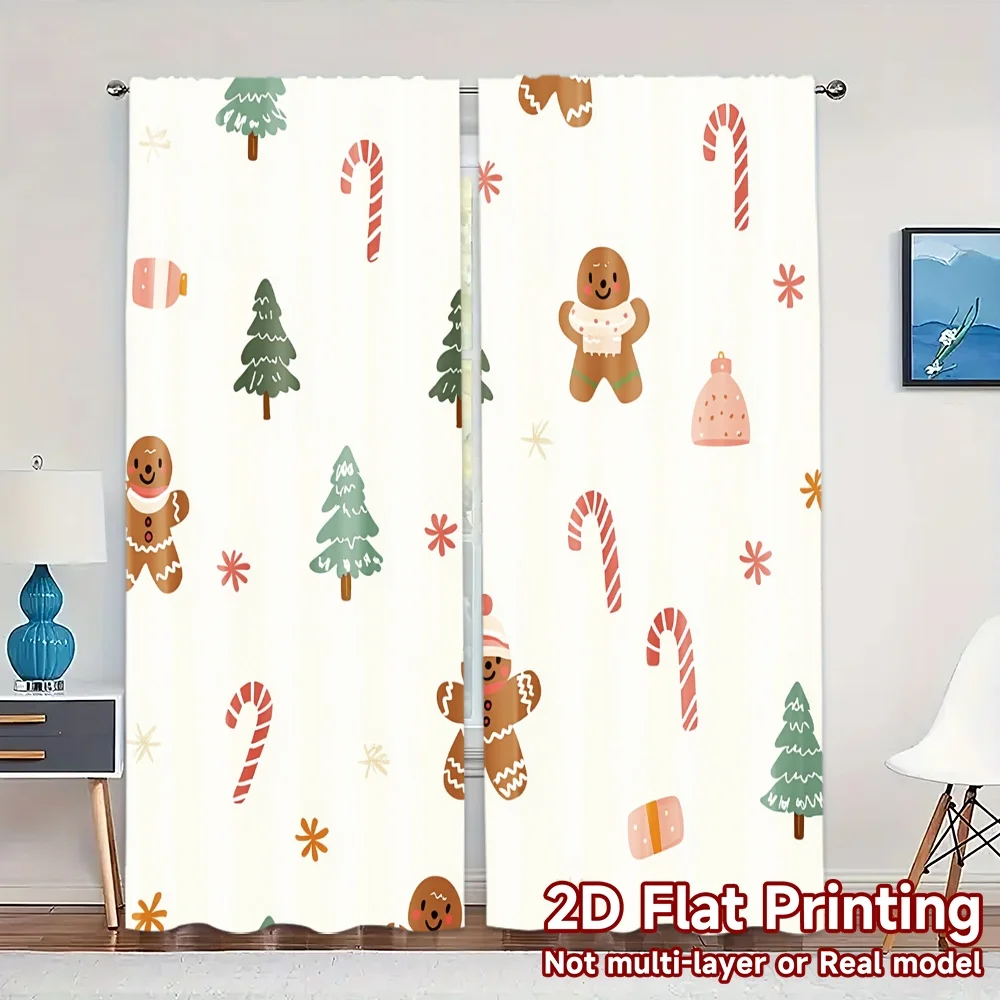 2pcs,Curtains Christmas Tree Gingerbread Candle Candy (2) Contemporary Popular Curtains Durable 100% Polyester Fabric Curtains