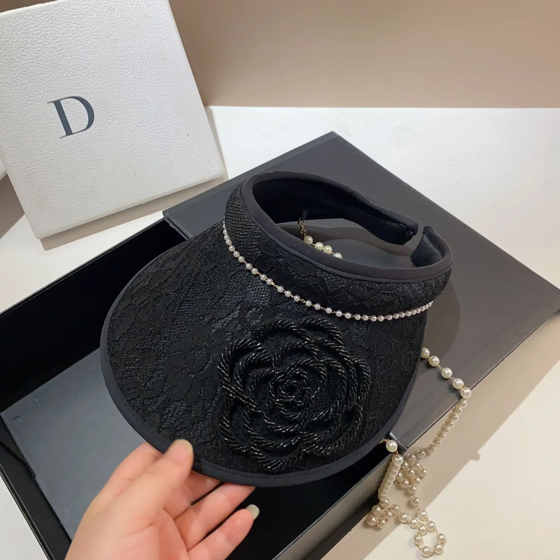 Luxury Hand-Sewn Floral Sun Hat - Summer UV Protection Korean Style Open Crown Cap for Women, Elegant Outdoor Travel Visor