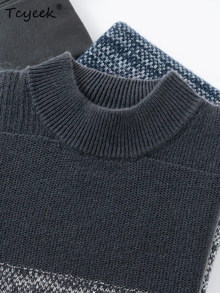 Tcyeek, suéter grueso 35% cachemira 65% lana, cuello simulado a rayas para hombre, jersey versátil de negocios, Otoño Invierno 2024 T47964QC