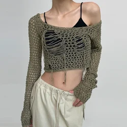 Women's 2023 New Sweater Smock Broken Hollow Hole Design Sexy Hottie Style Short Long-sleeved Y2k Tops