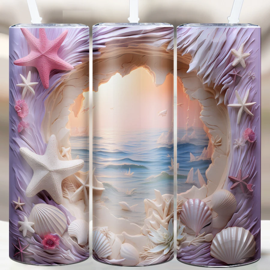 20oz Skinny Tumblers Straw Lid 3D Print Starfish Shell Summer Ocean Beach 1Pc Stainless Steel Hot Cold Insulated Coffee Cups