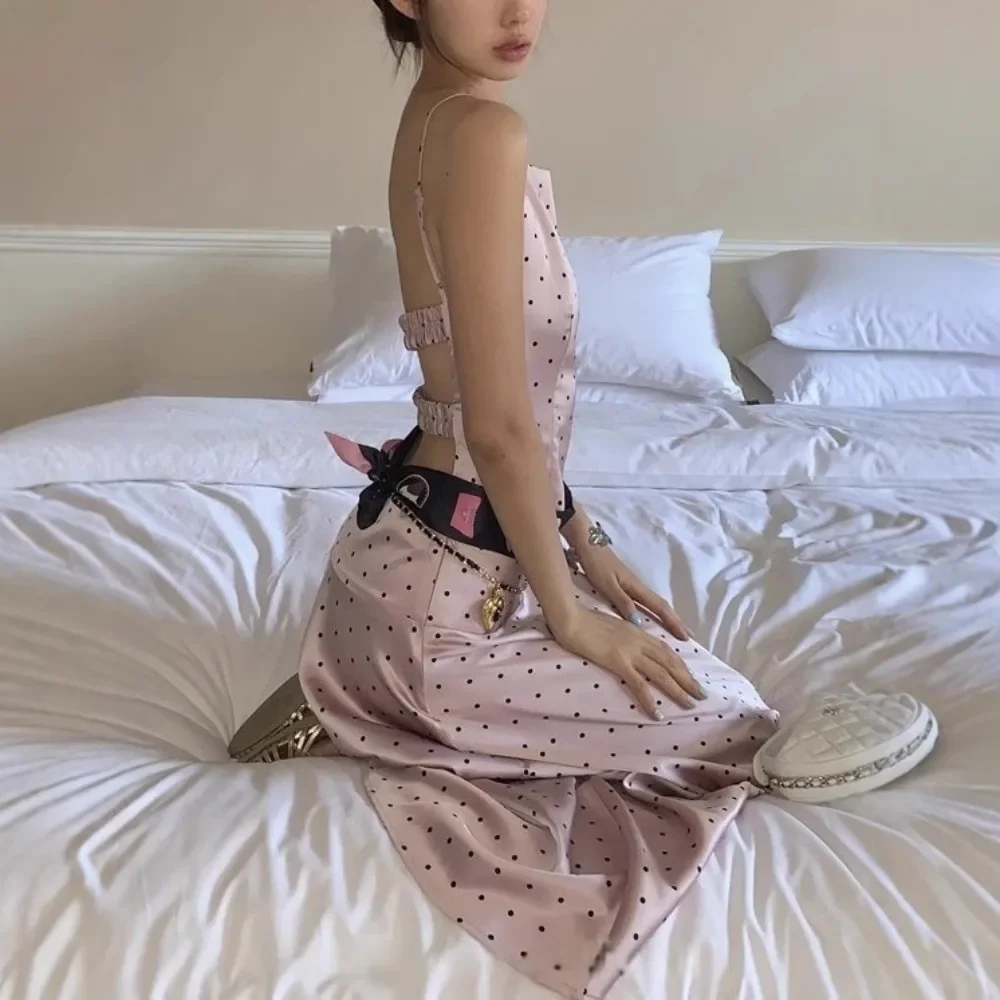 

Xgoth French Retro Polka Dot Satin Ribbon V-neck Blouses Top Slimming Long Skirts Set Summer Pink Two Piece Set Women Outfits