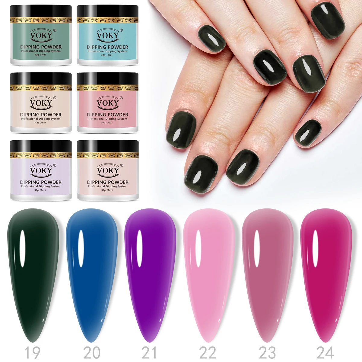 VOKY-Poudre à ongles acrylique longue durée, durcissement sans lampe, végétarien, finition haute brillance, renforce les ongles, 180g, 6 pièces