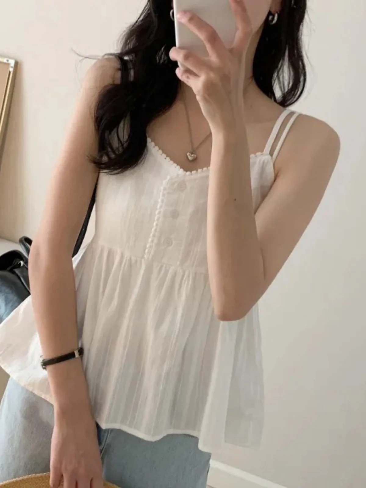 Ceco con tirantes y un solo botón con ribete de encaje e para mujer, Top corto sin mangas en capas, estilo moderno ...