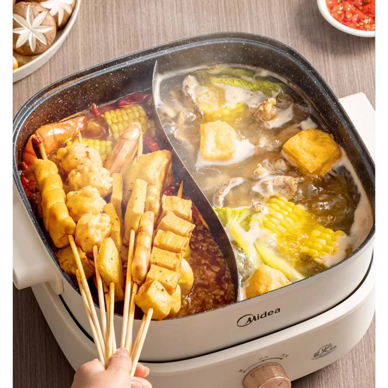 Electric Hot Pot Household Electric Caldron Mandarin Duck Split Multi-Functional Frying Electric Food Warmer Non-Stick Pan