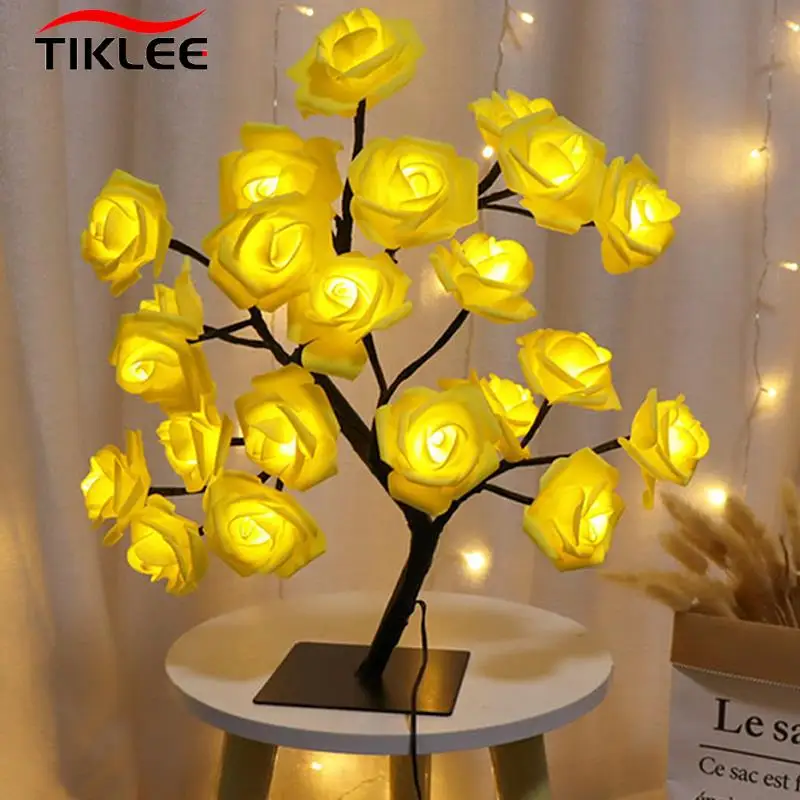 Lámpara LED de mesa de flores rosas, luces de hadas de árbol de Navidad USB, luces nocturnas, decoración de dormitorio de boda, Fiesta en casa, regalo del Día de la madre