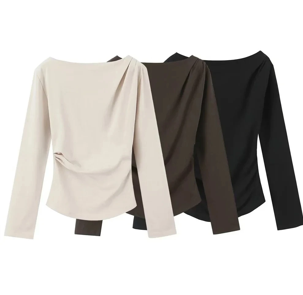 

Женский бежевый асимметричный дизайн с открытыми плечами и длинными рукавами со складками для стильной и удобной одежды