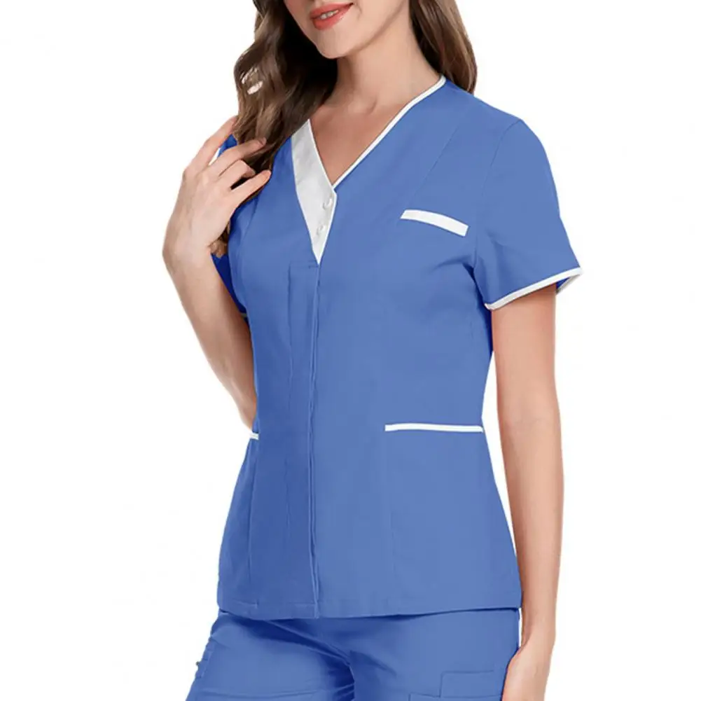 Short Sleeve Hospital Nurse Tops Patchwork Pockets Buttons Neckline Tops Dental Surgery Tops Workwear Operating Medical Uniform