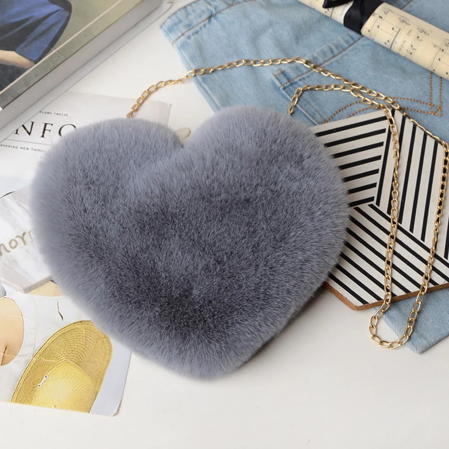 Fashion Fluffy Women's Heart Shaped Handbags Cute Kawaii Faux Fur Crossbody Bags Wallet Purse Plush Chains Shoulder Bag Handbags view 5