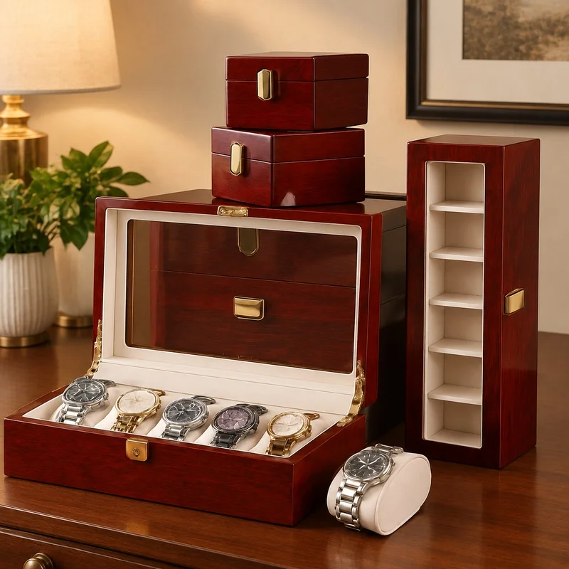 Wooden Jewelry and Watch Organizer Box with 1-12 Compartments, Stylish Storage Solution for Men and Women