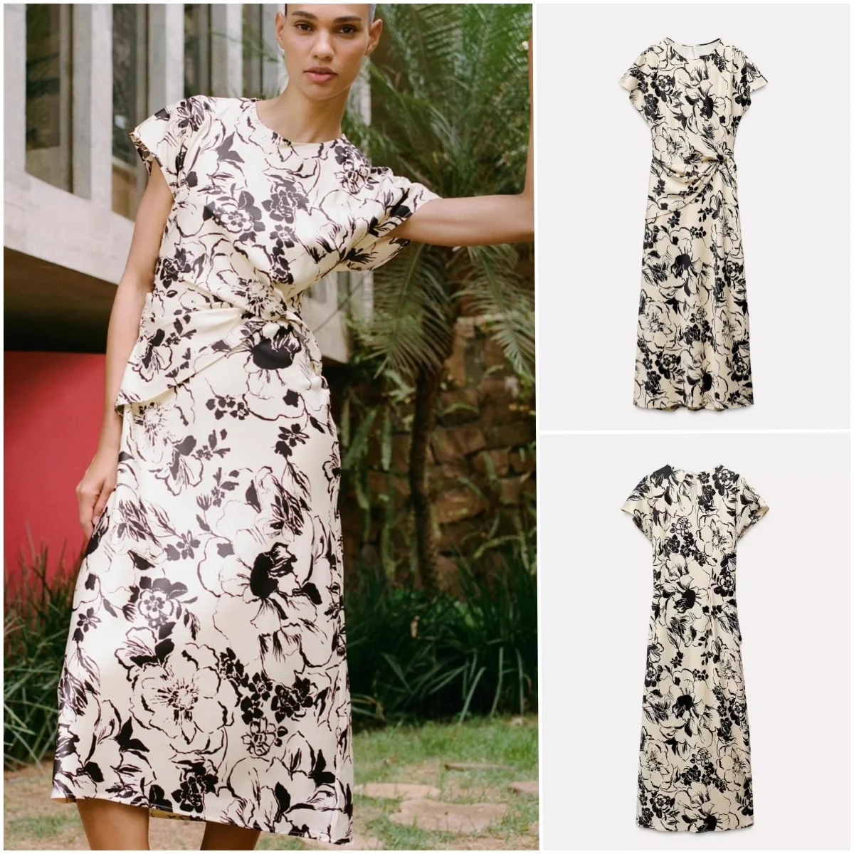 エレ ハイウエスト 花柄プリント シルクサテン オルト スベ Vネック 夏 カジュアルシック レディース ドレス ファッション トレンド