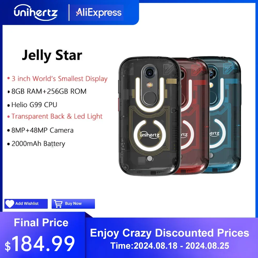 Мини-смартфон Unihertz Jelly Star, Android 13, 8 ГБ, 256 ГБ, светодиодная подсветка, разблокированная прозрачная задняя крышка, мобильные телефоны, 48 МП, 3-дюймовый телефон