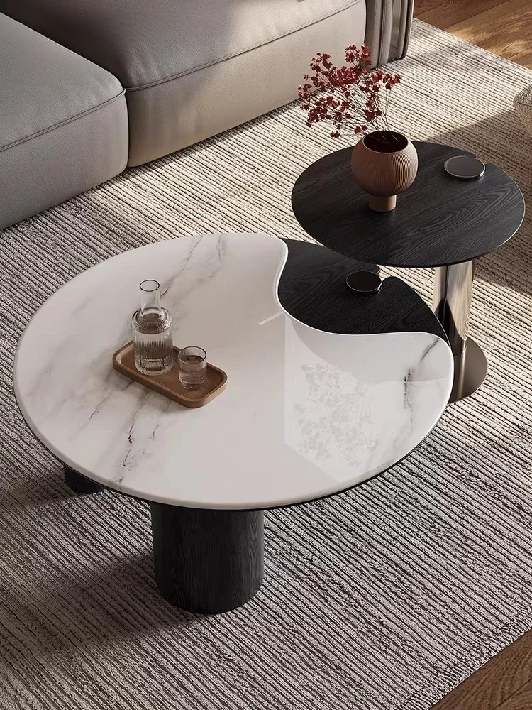 Microcrystalline stone coffee table combination minimalist round stainless steel coffee table