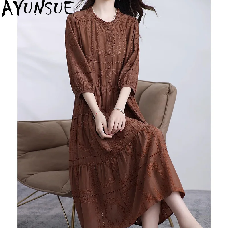 AYUNSUE Silk Dresses for Women Embroidered Long Dress Mid-sleeved Summer Dresses 2026 Elegant Dresses for Woman Clothes Платье