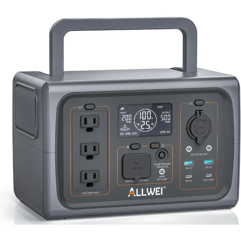 ALLWEI Portable Power Station 500W, 512Wh LiFePO4 Battery, UPS Function, 2.5Hrs Fast Charge