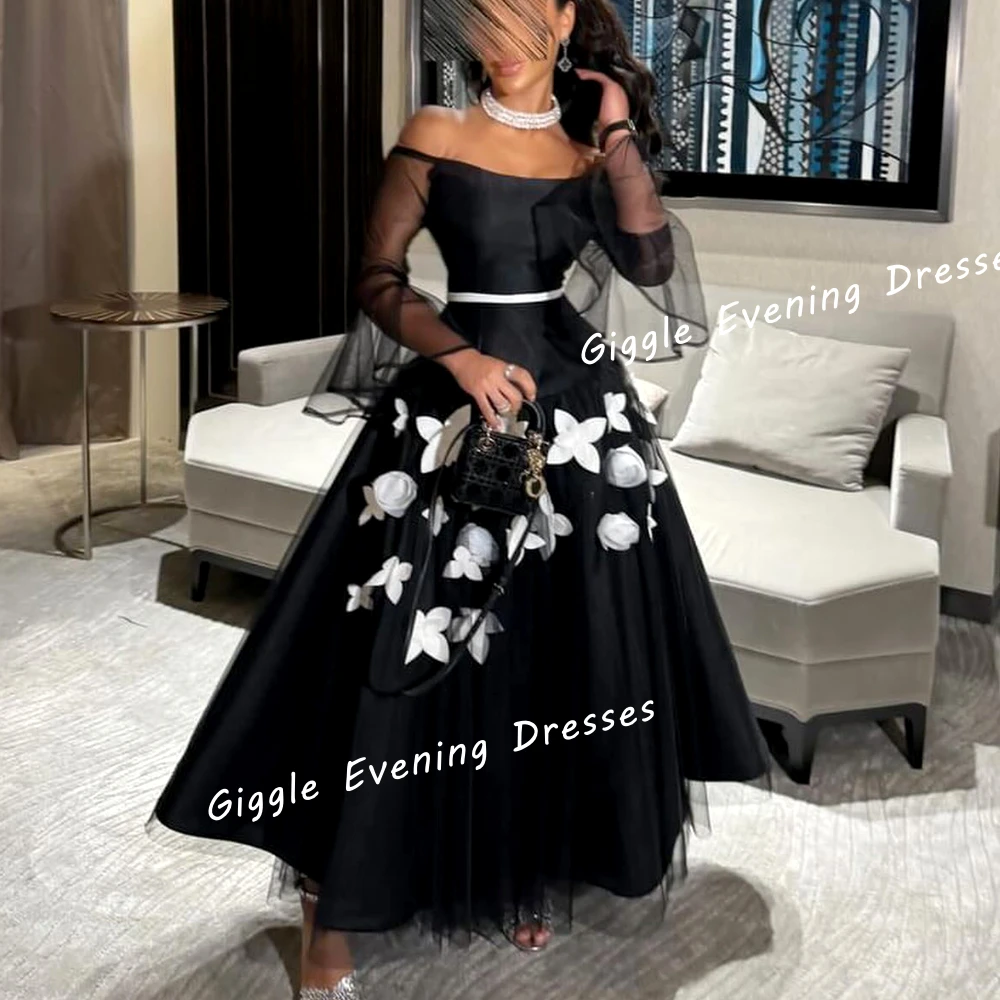 

Giggle Satin Off-Shoulder Flowers A-Line Elegance Prom Gown Saudi Arab Summer Ankle-Length Evening Party Dresses for Women 2024