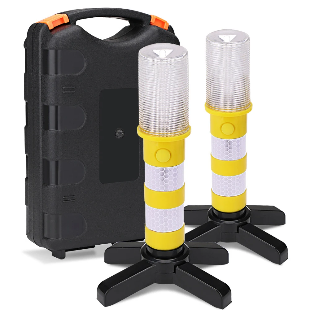 2 Pcs LED Emergency Flares 3 Lighting Modes Solid Storage Case Detachable Stand Traffic Lights For Camping Car Warning