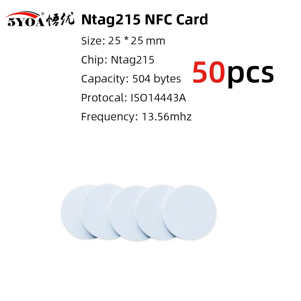 5YOA Round 50/100pcs NTAG215 NFC Coin Tags 13.56MHz Ntag215 Blank White/Black Card Label RFID Ultralight Labels 25mm Diameter