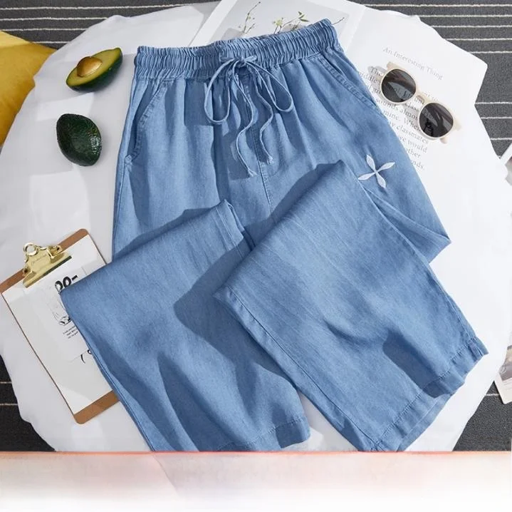 Spodnie damskie z denimu z jedwabiu przeciw komarom, z wysokim stanem, długość 7/8, asymetryczne, oryginalne, codzienne, na sezon letni.