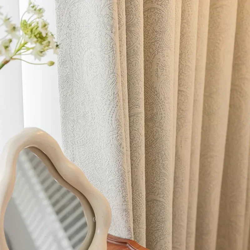 

Custom Size Cream Wind French Solid Color Light Luxury Modern Chenille Curtains Blackout Living Room Bedroom White Tulle