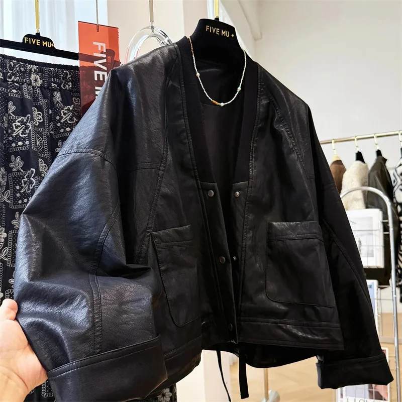 

Women's Jackets New Fashion Loose High Sense Relaxed Casual V-neck pu Leather Jacket Women's Spring and Autumn Leather Coat