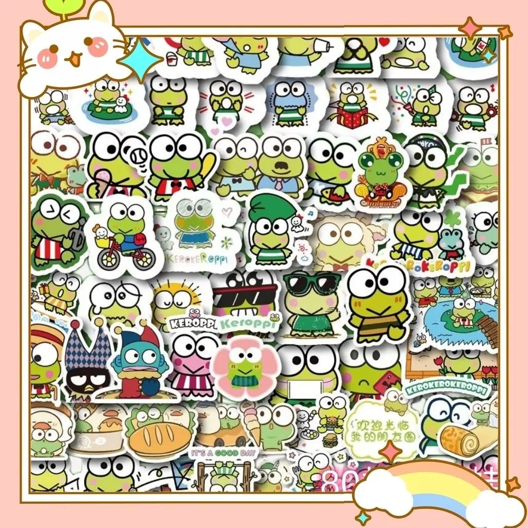 80Pcs Sanrio Kero Kero Keroppi Green Kawaii Frog Stickers Children's Diy Toys Desktop Decoration Skateboard Bicycle Stickers