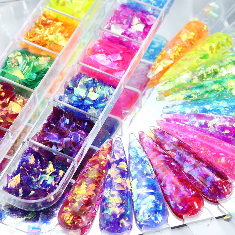 12 rejillas de purpurina para uñas, copos de purpurina para uñas de colores Aurora, cristal Irregular súper brillante, lentejuelas en polvo, dijes para decoración de uñas